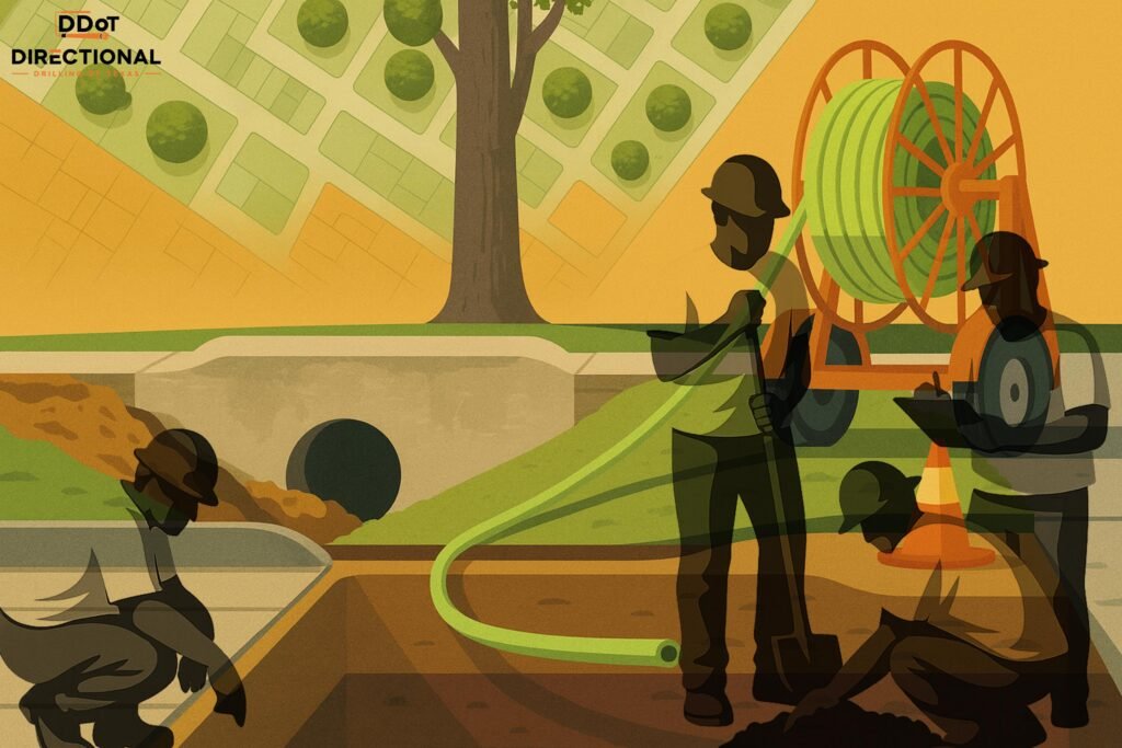 Illustration of utility workers installing green conduit from a large spool into the ground.