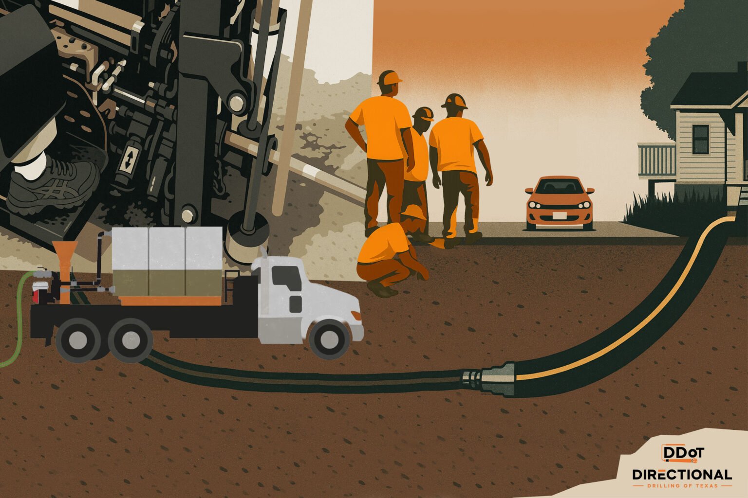 Illustration of workers using directional drilling to install underground pipes.