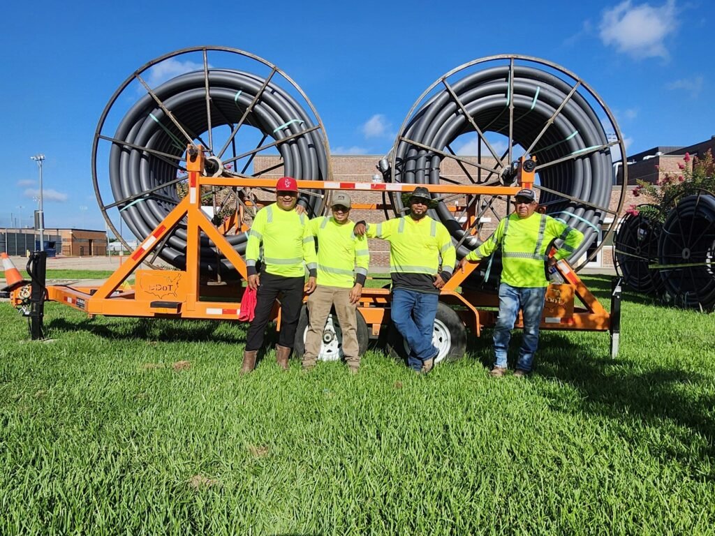 Utility crew standing beside a double-reel trailer loaded with black conduit