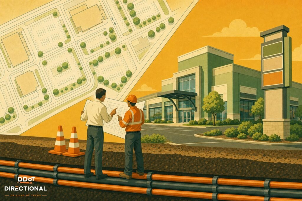 Architect and utility contractor review site plans for underground electrical conduit installation at a commercial development.